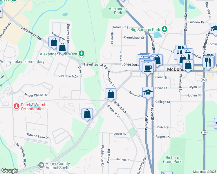 map of restaurants, bars, coffee shops, grocery stores, and more near 232 Toby Springs Lane in McDonough