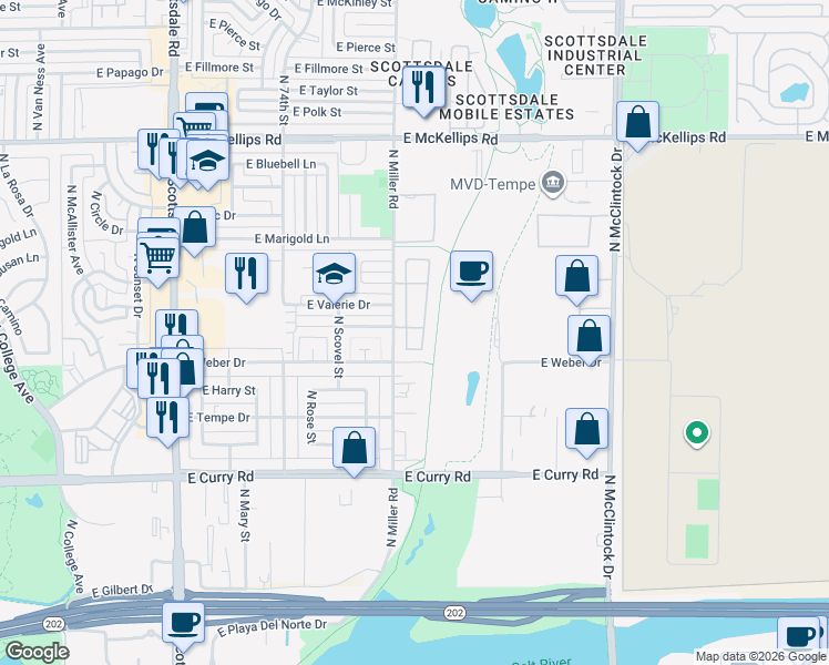 map of restaurants, bars, coffee shops, grocery stores, and more near 1427 North Oak Street in Tempe