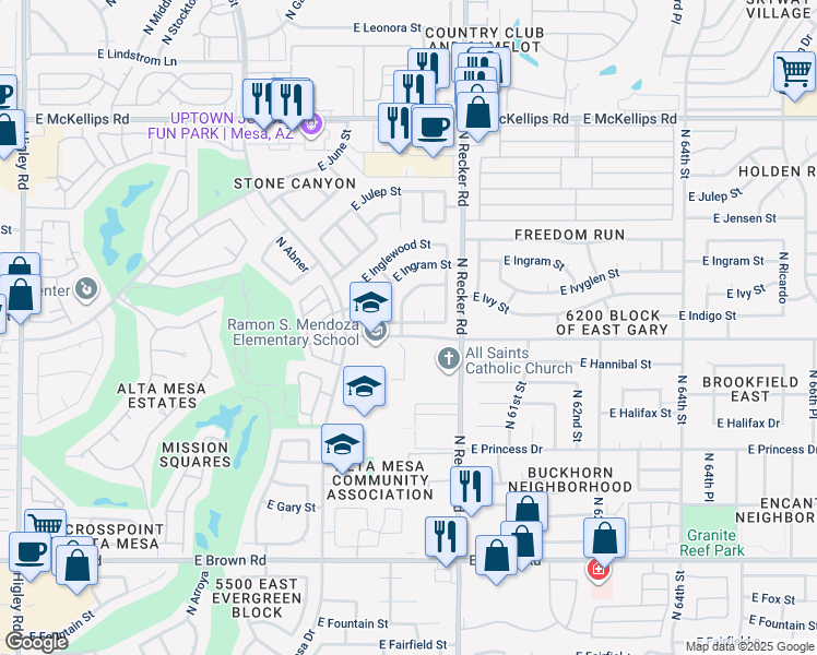 map of restaurants, bars, coffee shops, grocery stores, and more near 1640 North Salem Circle in Mesa