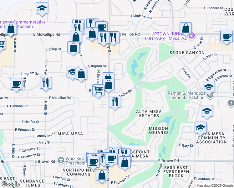 map of restaurants, bars, coffee shops, grocery stores, and more near 1627 North Seton in Mesa