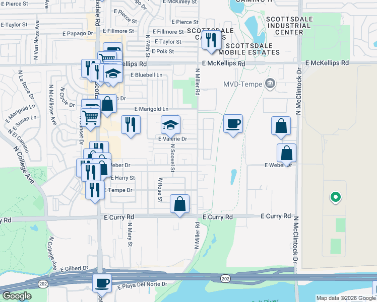 map of restaurants, bars, coffee shops, grocery stores, and more near 1246 East Marny Road in Tempe