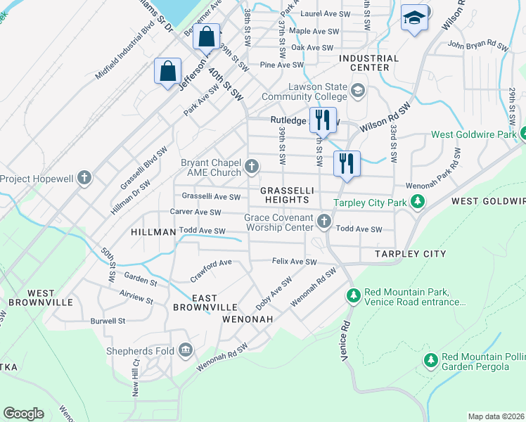 map of restaurants, bars, coffee shops, grocery stores, and more near 3233 Carver Avenue Southwest in Birmingham