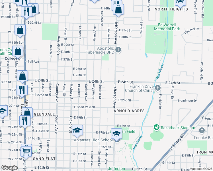 map of restaurants, bars, coffee shops, grocery stores, and more near 2401 Linden Avenue in Texarkana