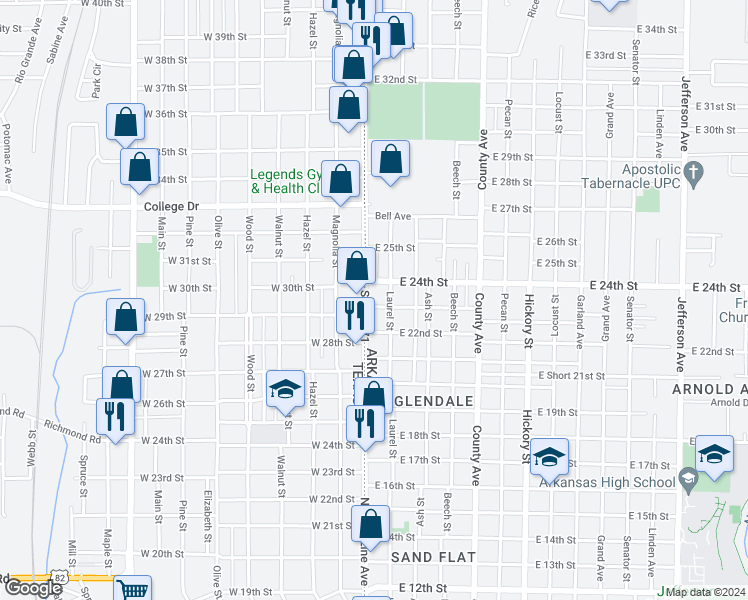 map of restaurants, bars, coffee shops, grocery stores, and more near 2324 North State Line Avenue in Texarkana