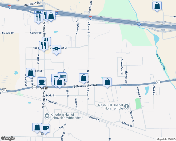 map of restaurants, bars, coffee shops, grocery stores, and more near 312 North Pecan Street in Nash