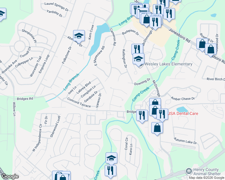 map of restaurants, bars, coffee shops, grocery stores, and more near 404 Denali lane in McDonough