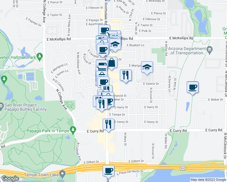 map of restaurants, bars, coffee shops, grocery stores, and more near 1429 North Scottsdale Road in Tempe