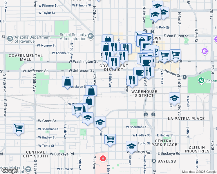 map of restaurants, bars, coffee shops, grocery stores, and more near 520 West Jackson Street in Phoenix