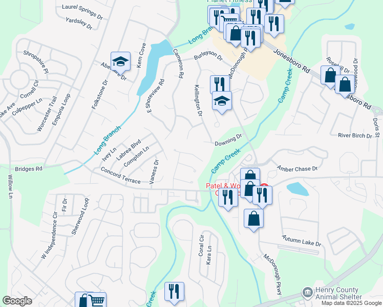 map of restaurants, bars, coffee shops, grocery stores, and more near 813 Cambridge Way in McDonough