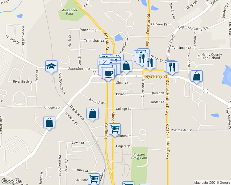 map of restaurants, bars, coffee shops, grocery stores, and more near 94 Macon Street in McDonough