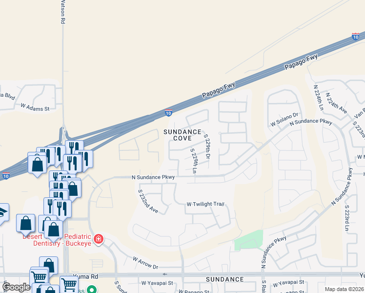 map of restaurants, bars, coffee shops, grocery stores, and more near 23024 West La Pasada Boulevard in Buckeye