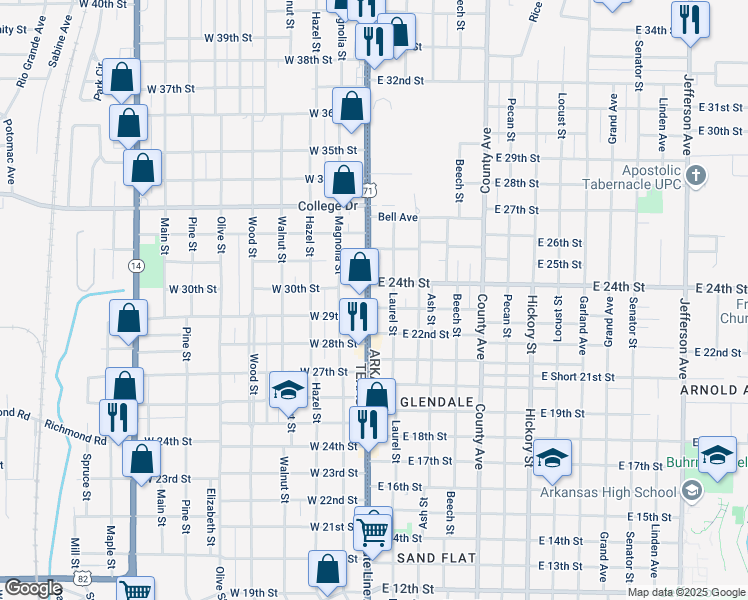 map of restaurants, bars, coffee shops, grocery stores, and more near 2300 North State Line Avenue in Texarkana