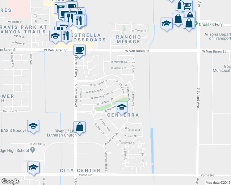map of restaurants, bars, coffee shops, grocery stores, and more near 15243 West Morning Glory Street in Goodyear