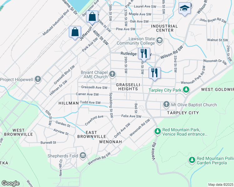 map of restaurants, bars, coffee shops, grocery stores, and more near 3233 Carver Avenue Southwest in Birmingham