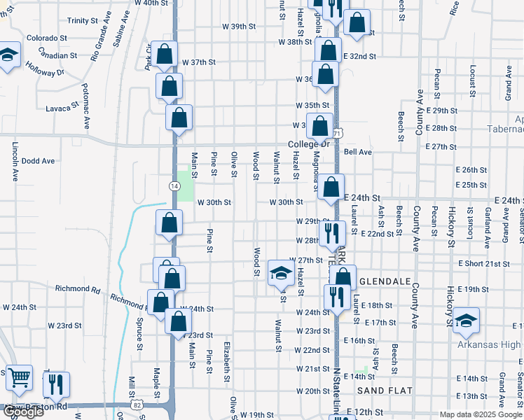 map of restaurants, bars, coffee shops, grocery stores, and more near 3001 Walnut Street in Texarkana