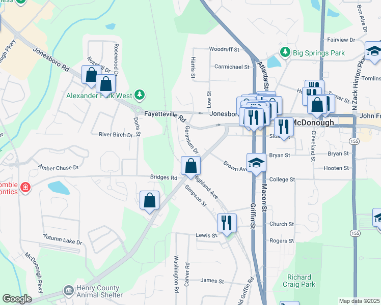 map of restaurants, bars, coffee shops, grocery stores, and more near 230 Toby Springs Lane in McDonough