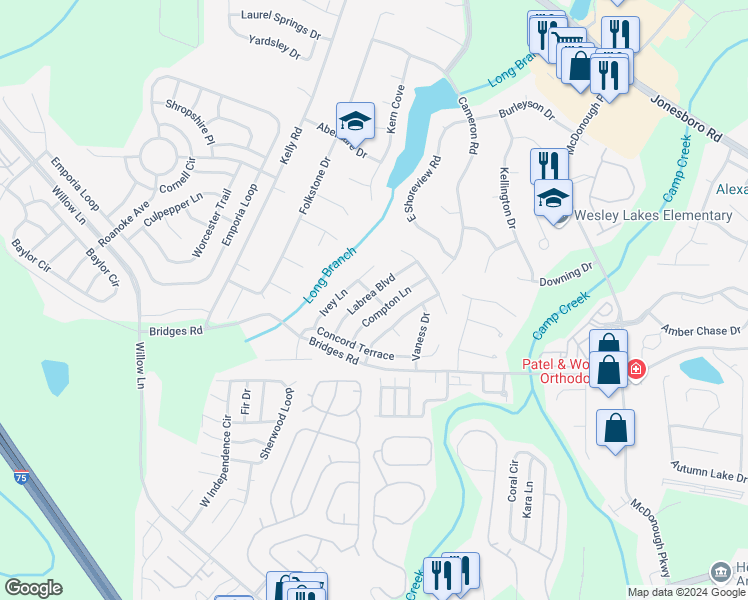 map of restaurants, bars, coffee shops, grocery stores, and more near 200 Labrea Boulevard in McDonough