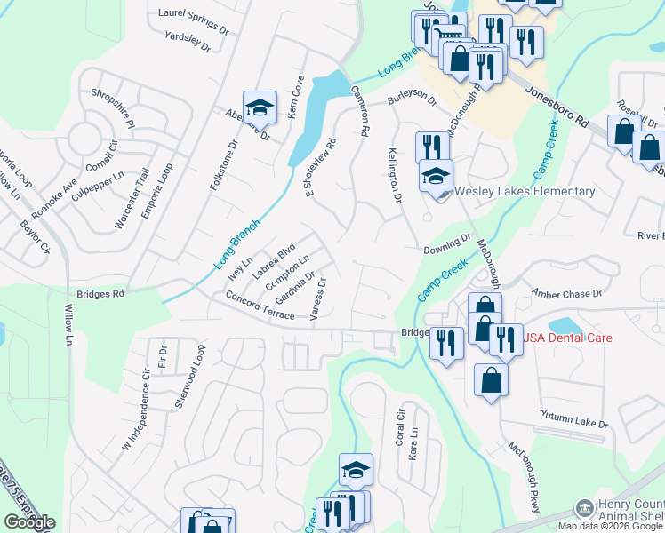 map of restaurants, bars, coffee shops, grocery stores, and more near 610 Compton Lane in McDonough