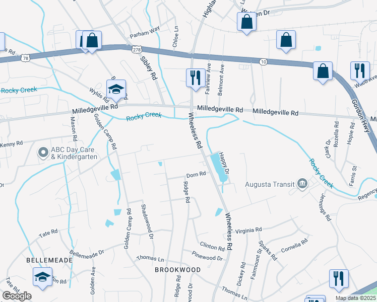 map of restaurants, bars, coffee shops, grocery stores, and more near 2315 Wheeless Road in Augusta