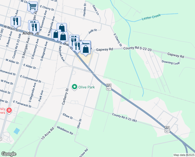 map of restaurants, bars, coffee shops, grocery stores, and more near Brooks Road in Andrews