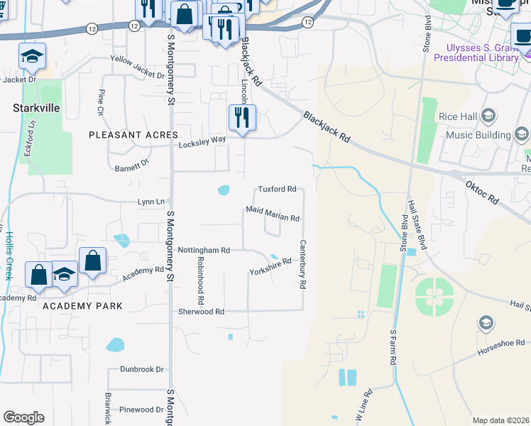 map of restaurants, bars, coffee shops, grocery stores, and more near 101 Derbyshire Road in Starkville