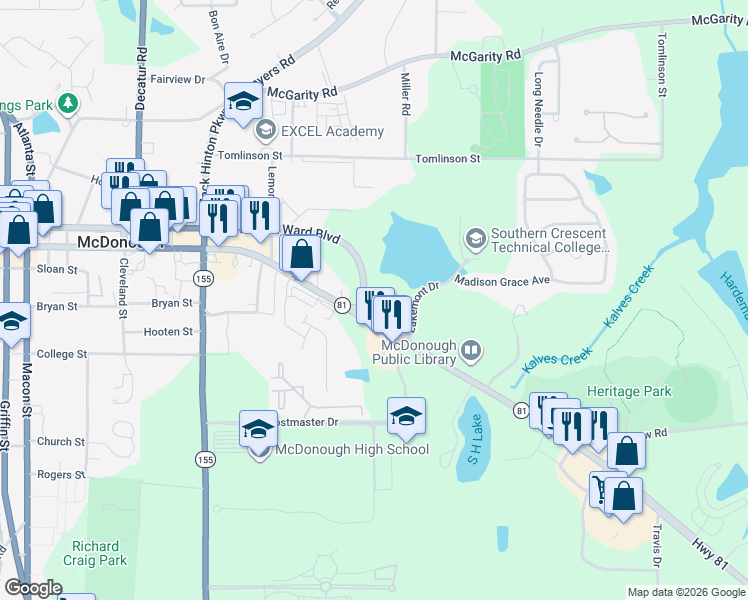 map of restaurants, bars, coffee shops, grocery stores, and more near 431 Highway 81 in McDonough