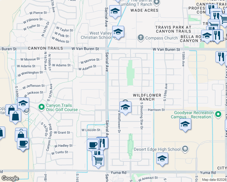 map of restaurants, bars, coffee shops, grocery stores, and more near 16253 West Jefferson Street in Goodyear