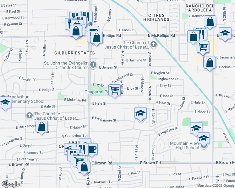 map of restaurants, bars, coffee shops, grocery stores, and more near 1632 North Chestnut Circle in Mesa