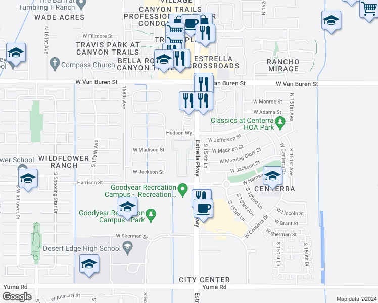 map of restaurants, bars, coffee shops, grocery stores, and more near 15545 Hudson Way in Goodyear