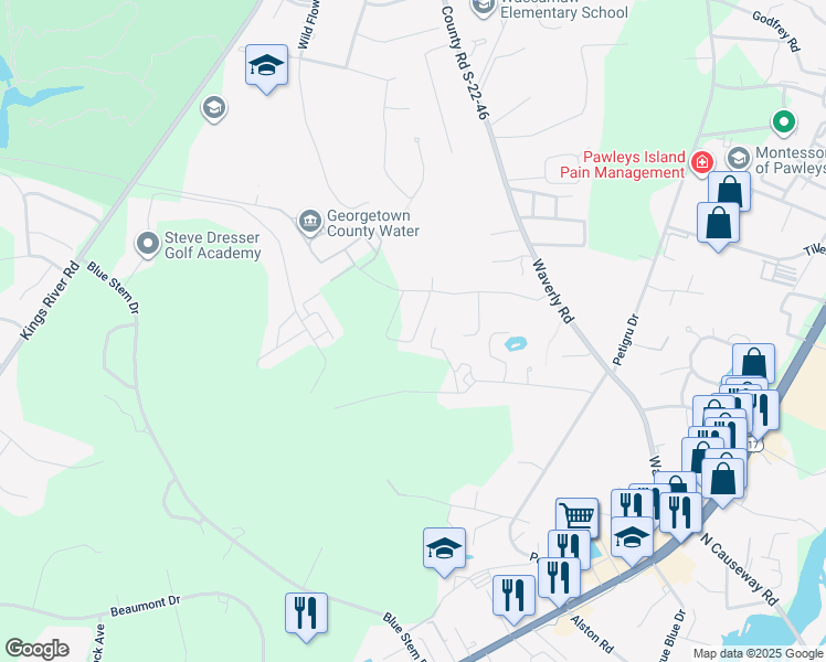 map of restaurants, bars, coffee shops, grocery stores, and more near 382 Clearwater Drive in Pawleys Island