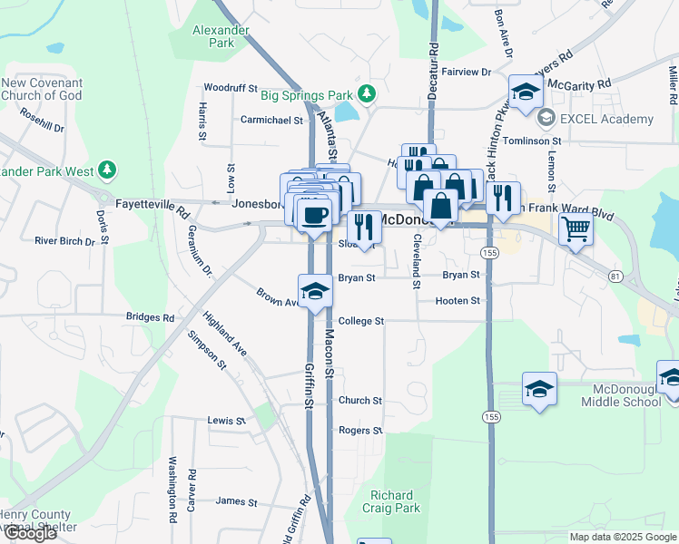map of restaurants, bars, coffee shops, grocery stores, and more near 94 Macon Street in McDonough