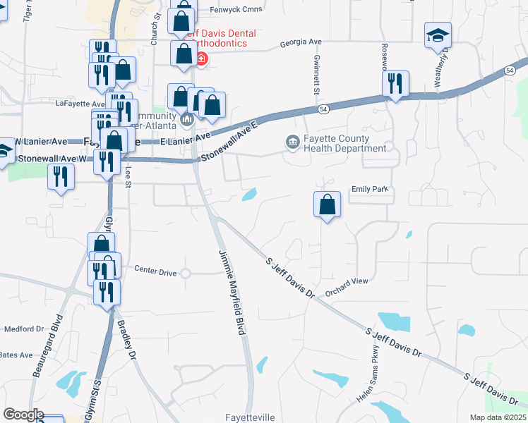 map of restaurants, bars, coffee shops, grocery stores, and more near 155 Meadowbrook Court in Fayetteville