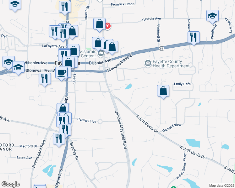 map of restaurants, bars, coffee shops, grocery stores, and more near 270 South Jeff Davis Drive in Fayetteville