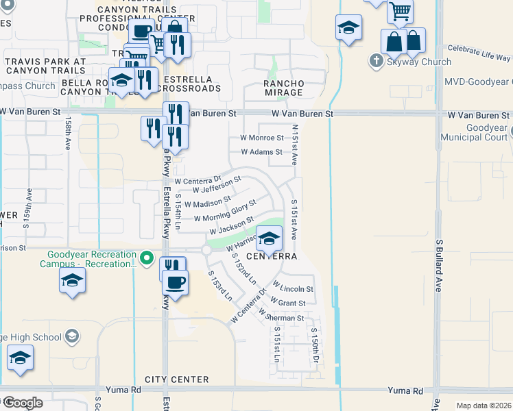 map of restaurants, bars, coffee shops, grocery stores, and more near 15237 West Morning Glory Street in Goodyear