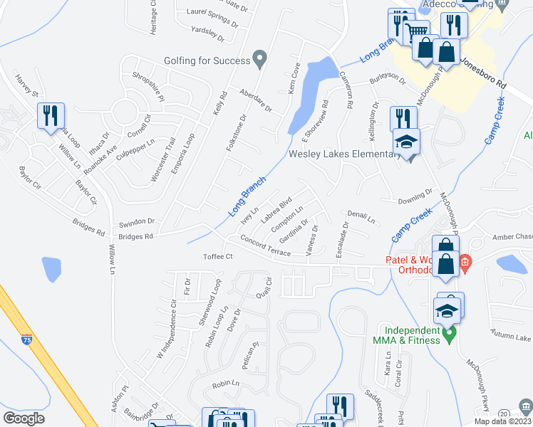 map of restaurants, bars, coffee shops, grocery stores, and more near 225 Labrea Boulevard in McDonough