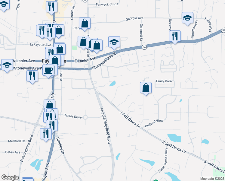 map of restaurants, bars, coffee shops, grocery stores, and more near 120 Meadowbrook Court in Fayetteville