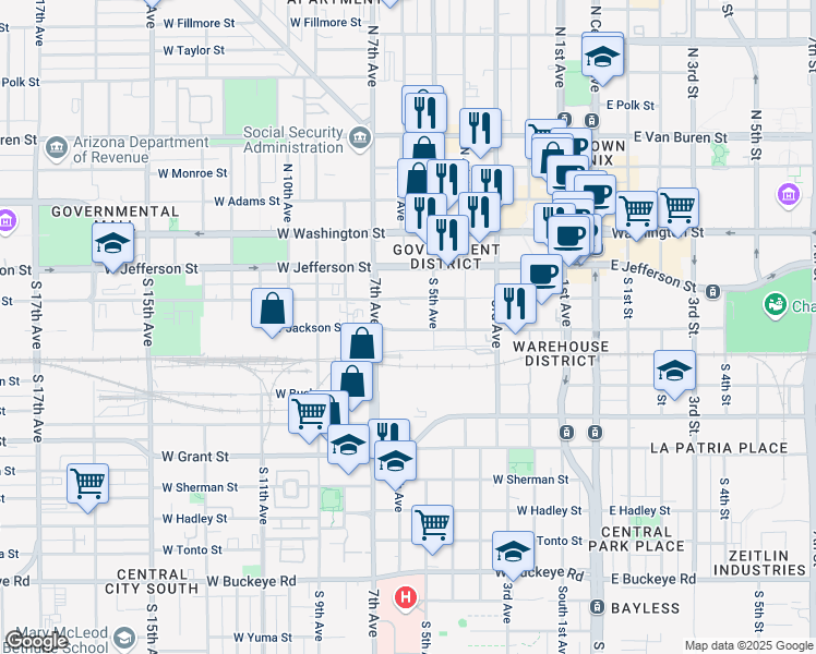 map of restaurants, bars, coffee shops, grocery stores, and more near 520 West Jackson Street in Phoenix