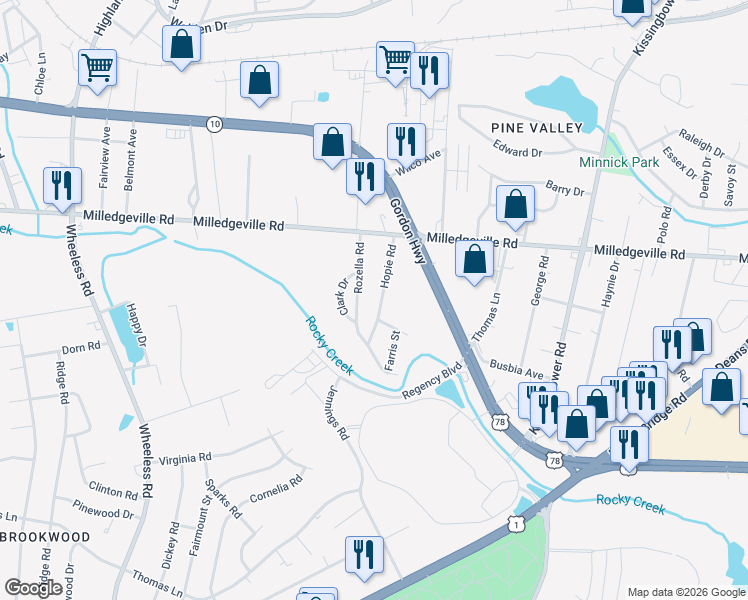 map of restaurants, bars, coffee shops, grocery stores, and more near 1925 Hopie Road in Augusta