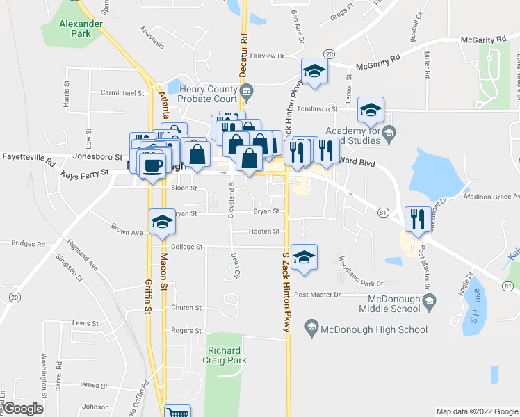 map of restaurants, bars, coffee shops, grocery stores, and more near 204 Bryan Street in McDonough