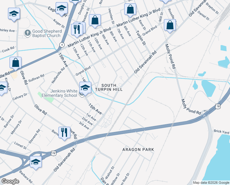 map of restaurants, bars, coffee shops, grocery stores, and more near 552 10th Avenue Extension in Augusta