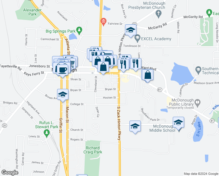map of restaurants, bars, coffee shops, grocery stores, and more near 210 Bryan Street in McDonough