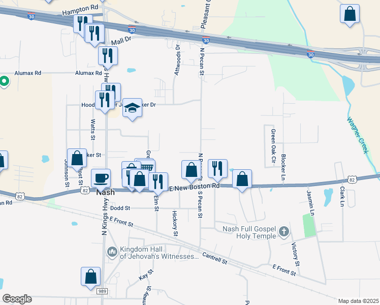 map of restaurants, bars, coffee shops, grocery stores, and more near Garrett Lane in Nash