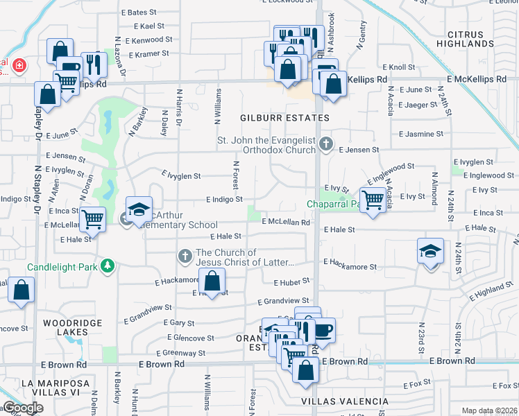 map of restaurants, bars, coffee shops, grocery stores, and more near 1805 East Indigo Street in Mesa