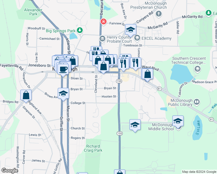 map of restaurants, bars, coffee shops, grocery stores, and more near 206 Bryan Street in McDonough