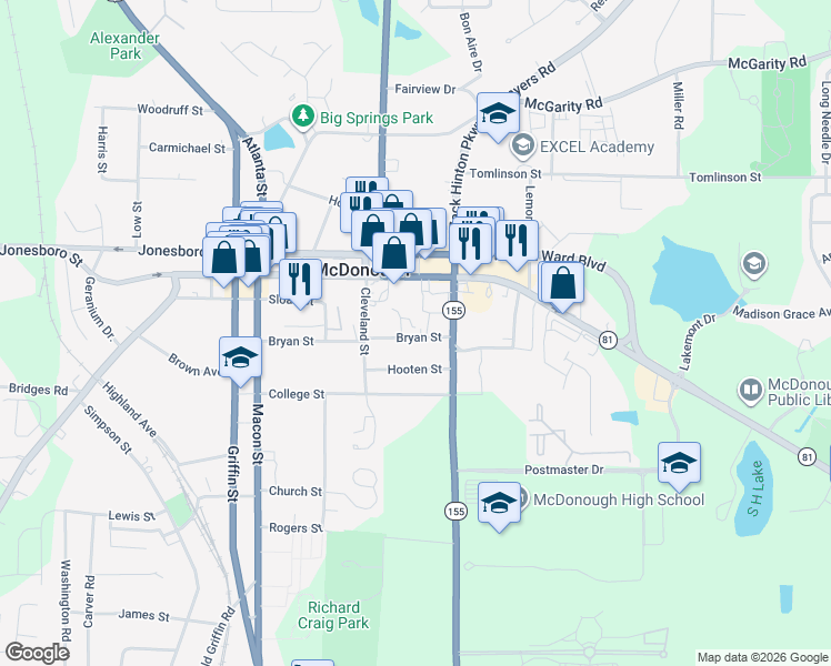 map of restaurants, bars, coffee shops, grocery stores, and more near 208 Bryan Street in McDonough