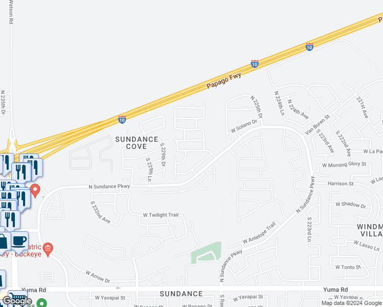 map of restaurants, bars, coffee shops, grocery stores, and more near 22815 West La Pasada Boulevard in Buckeye