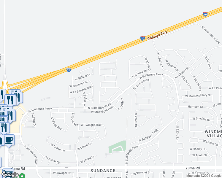 map of restaurants, bars, coffee shops, grocery stores, and more near 22803 West La Pasada Boulevard in Buckeye