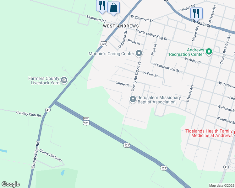map of restaurants, bars, coffee shops, grocery stores, and more near 123 James Dr in Andrews