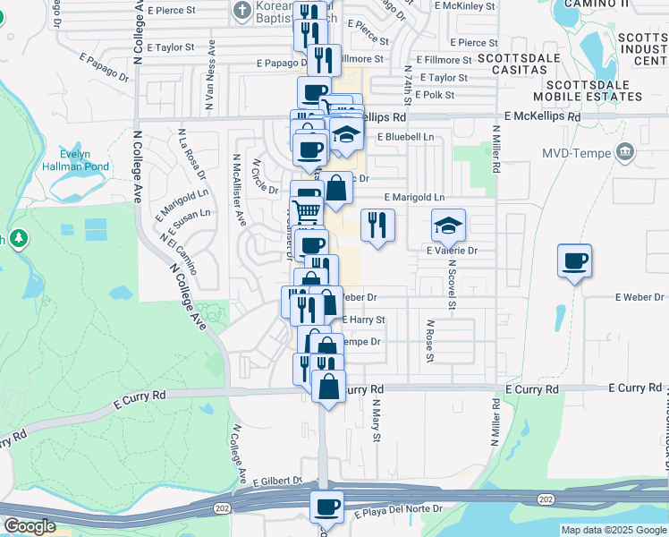 map of restaurants, bars, coffee shops, grocery stores, and more near 1429 North Scottsdale Road in Tempe