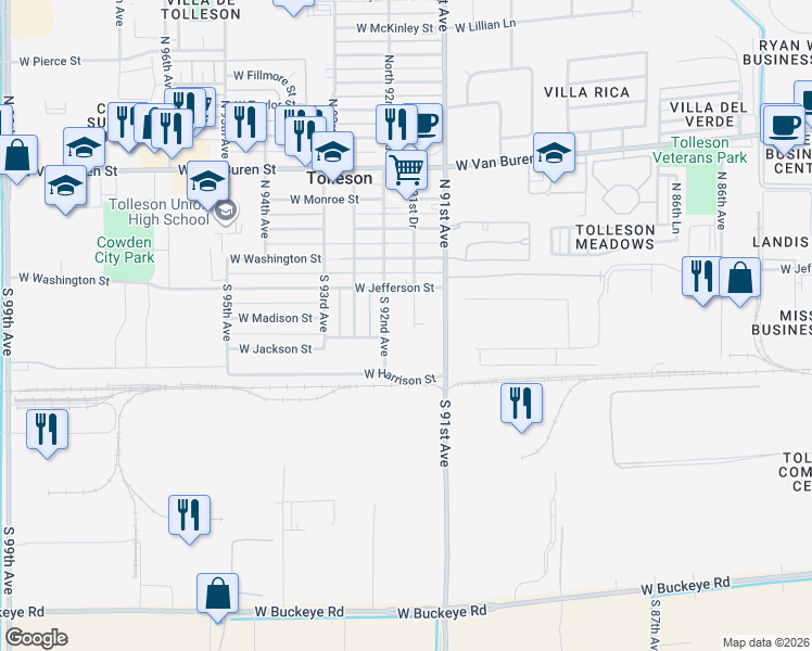 map of restaurants, bars, coffee shops, grocery stores, and more near 113 South 92nd Avenue in Tolleson